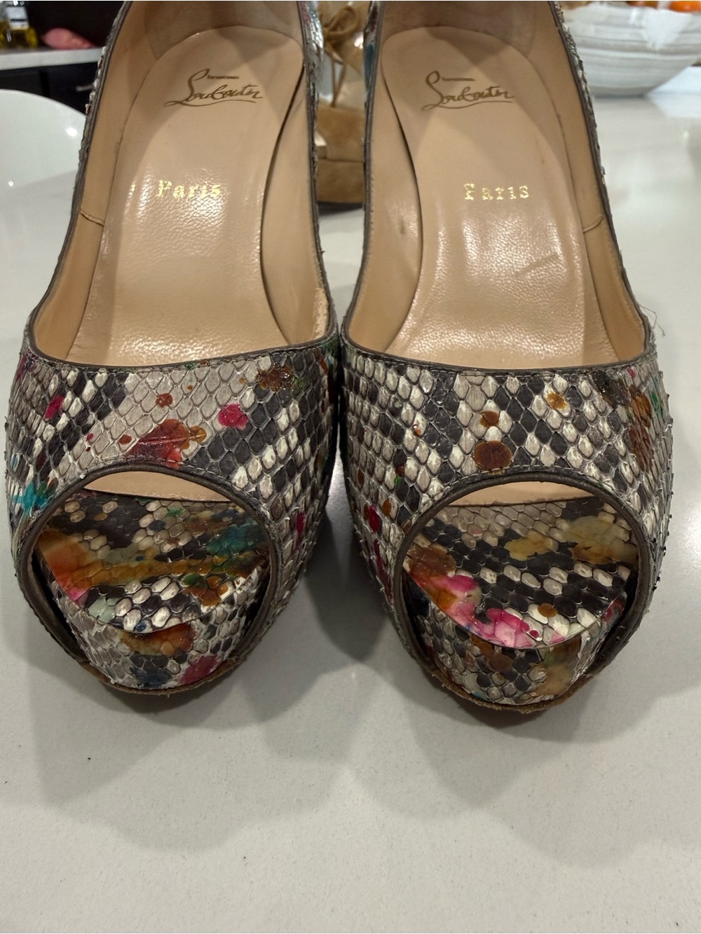 Christian Louboutin Multicolor Snakeskin Peep-Toe Pumps with Bright Accents - Picture 6 of 8